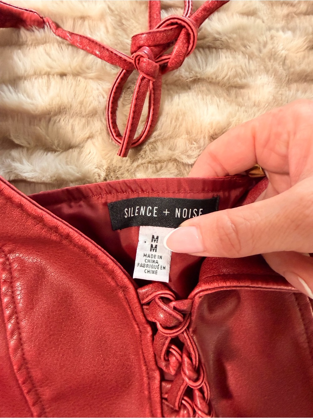 silence + noise Wine Red Lace-Up Vegan Leather Halter Top - Picture 3 of 4